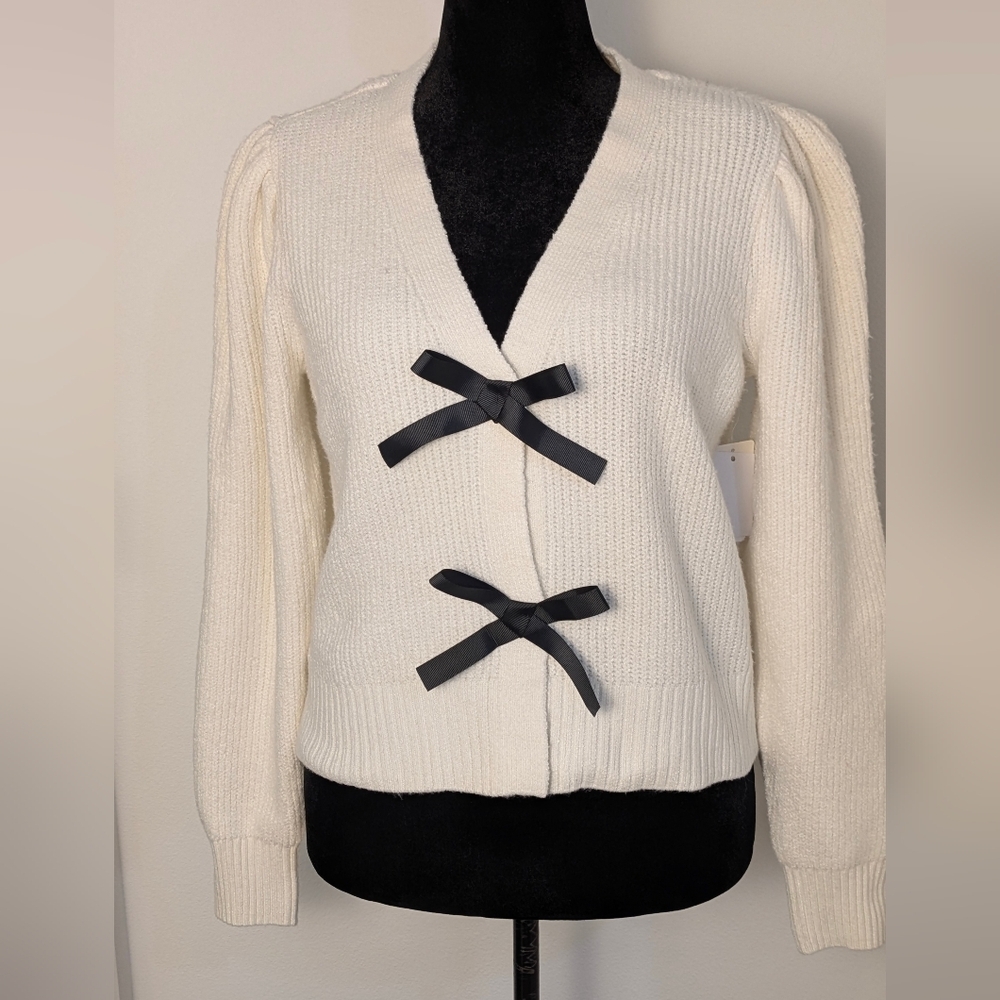 Major Label Bow-Front Short Knit Cardigan Sweater Size m Cream New Puff Sleeve